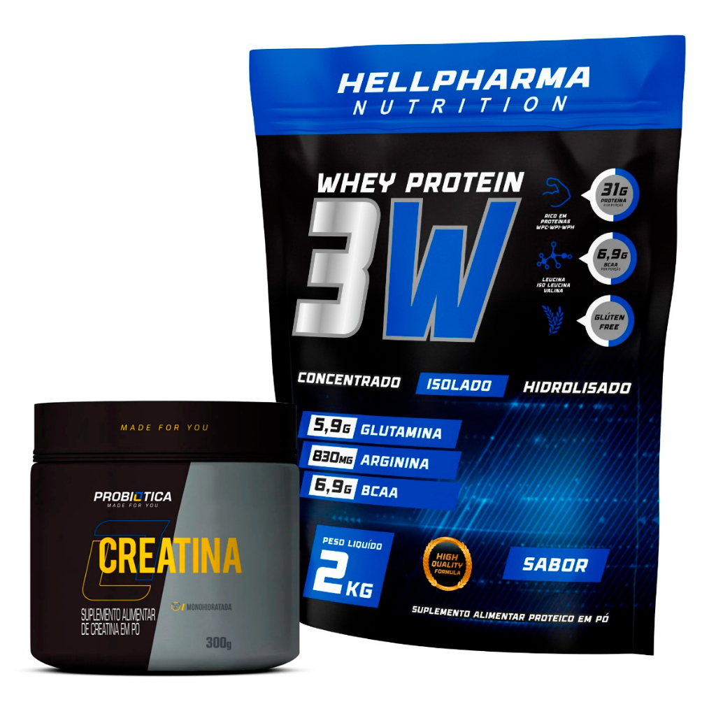 Whey Protein 3W Refil 2kg Hellpharma – 31g de proteína + Creatina Pura 300g Monohidratada Probiotica – Whey Protein Isolado, Concentrado e Hidrolisado