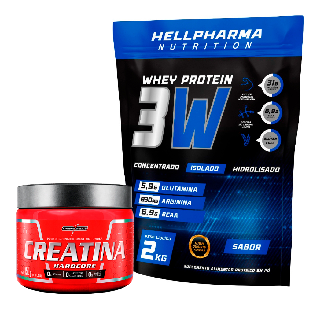 Whey Protein 3W Refil 2kg Hellpharma – 31g de proteína + Creatina Pura 150 Monohidratada Integralmédica – Whey Protein Isolado, Concentrado e Hidrolisado