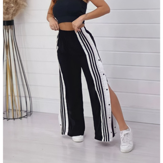 Calça pantalona fenda listra store botões laterais anita jogger