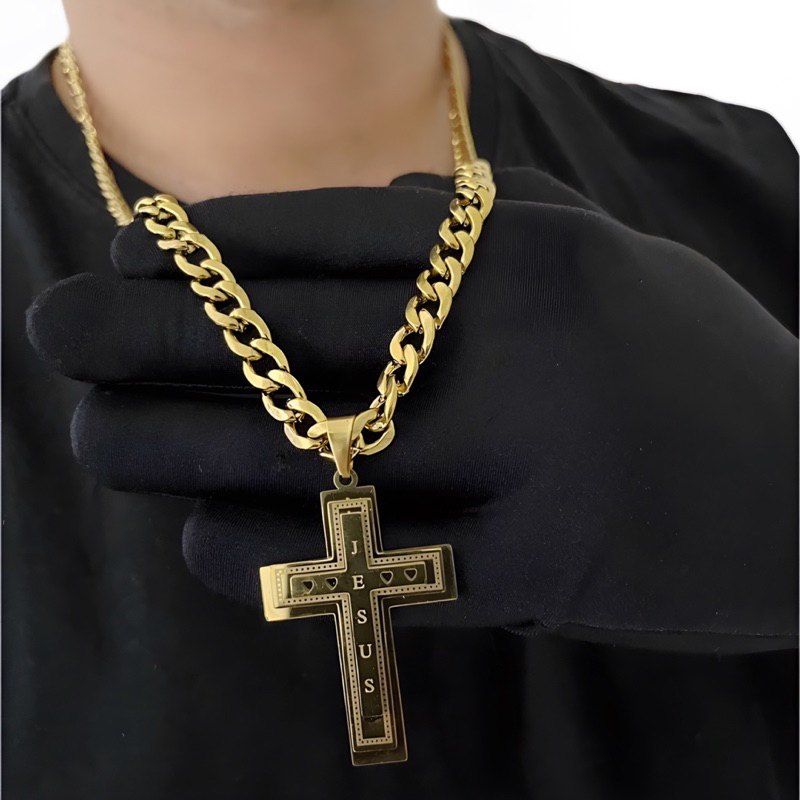 Corrente Masculina Grossa Com Pingente Cruz Dourada 70 Cm