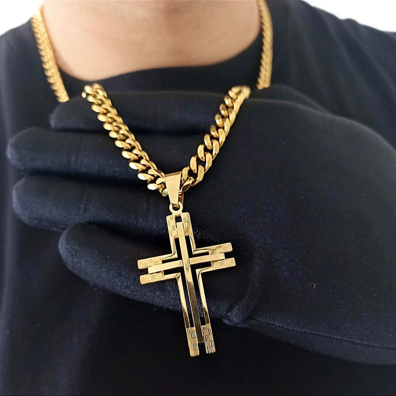 Corrente Colar Masculino Grossa + Cruz Banhado A Ouro 18k | Shopee Brasil