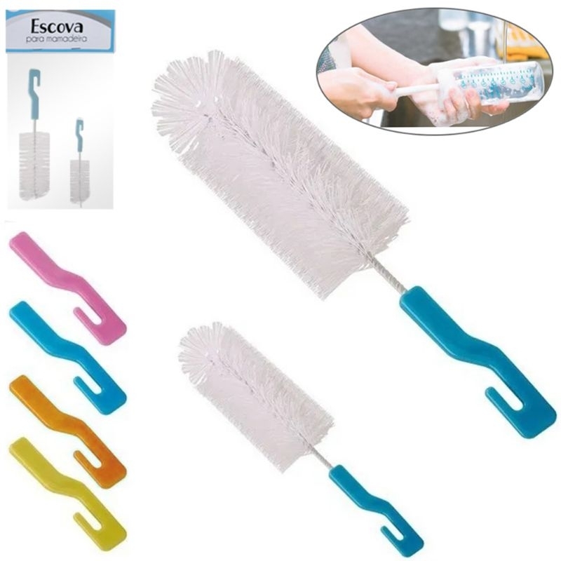 Escova Lava Mamadeira/Copo de nylon Cabo Plástico 2 Pçs