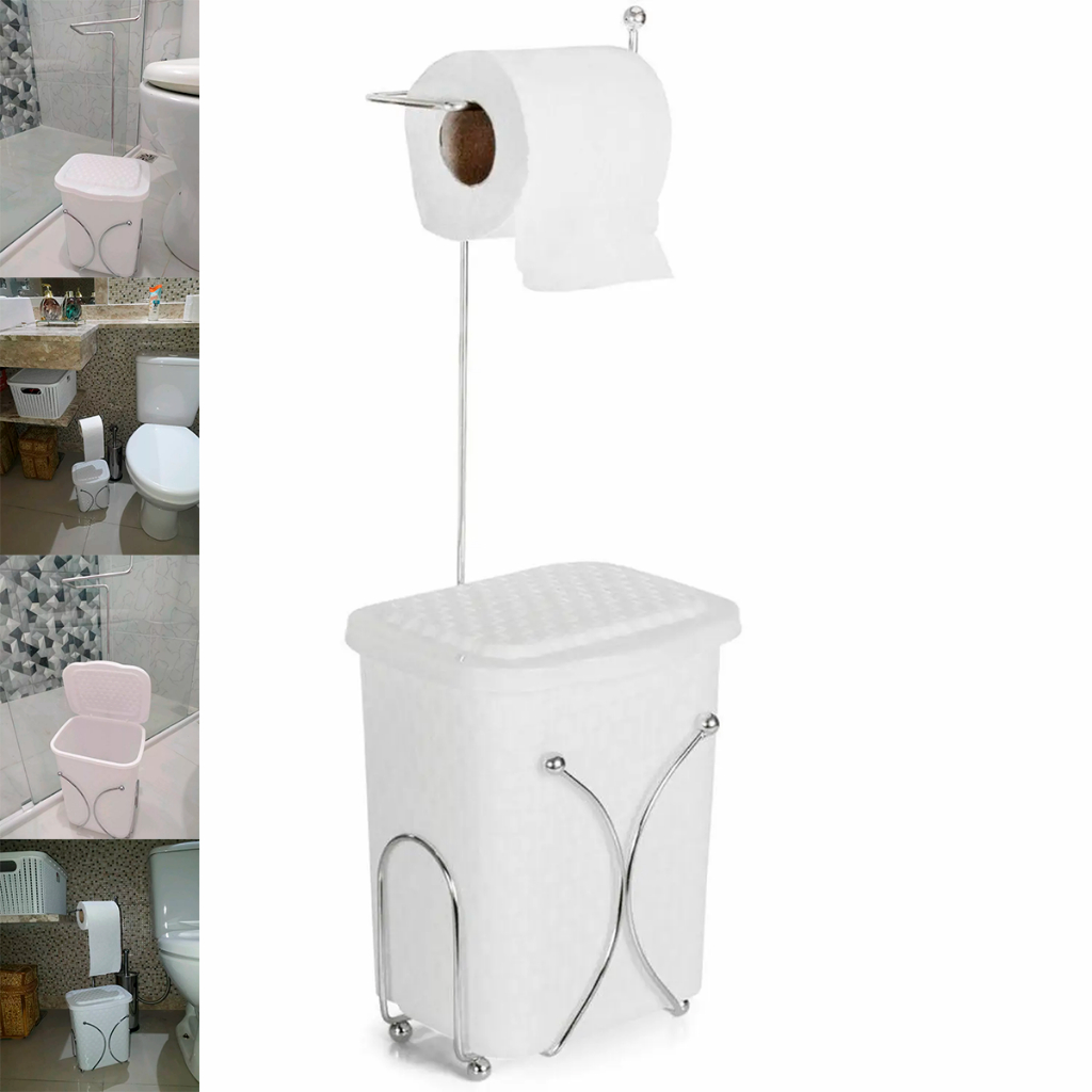Lixeira com Porta Papel Higiênico com Lixeira Branco e Suporte cromado ...