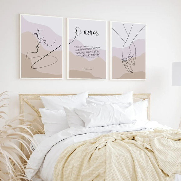 Quadro decorativo amor linhas 20x30 3 peças para sala quarto e hall