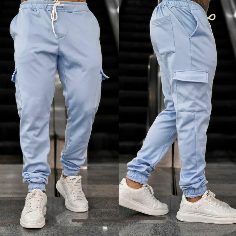 Calça Jogger Cargo Masculina Bolsos Moletom Street Wear Cintura Com Cordão Skate