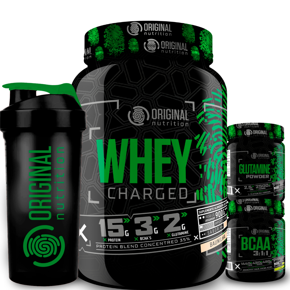 Kit Whey Protein Charged Original + Bcaa + Glutamina + Shaker