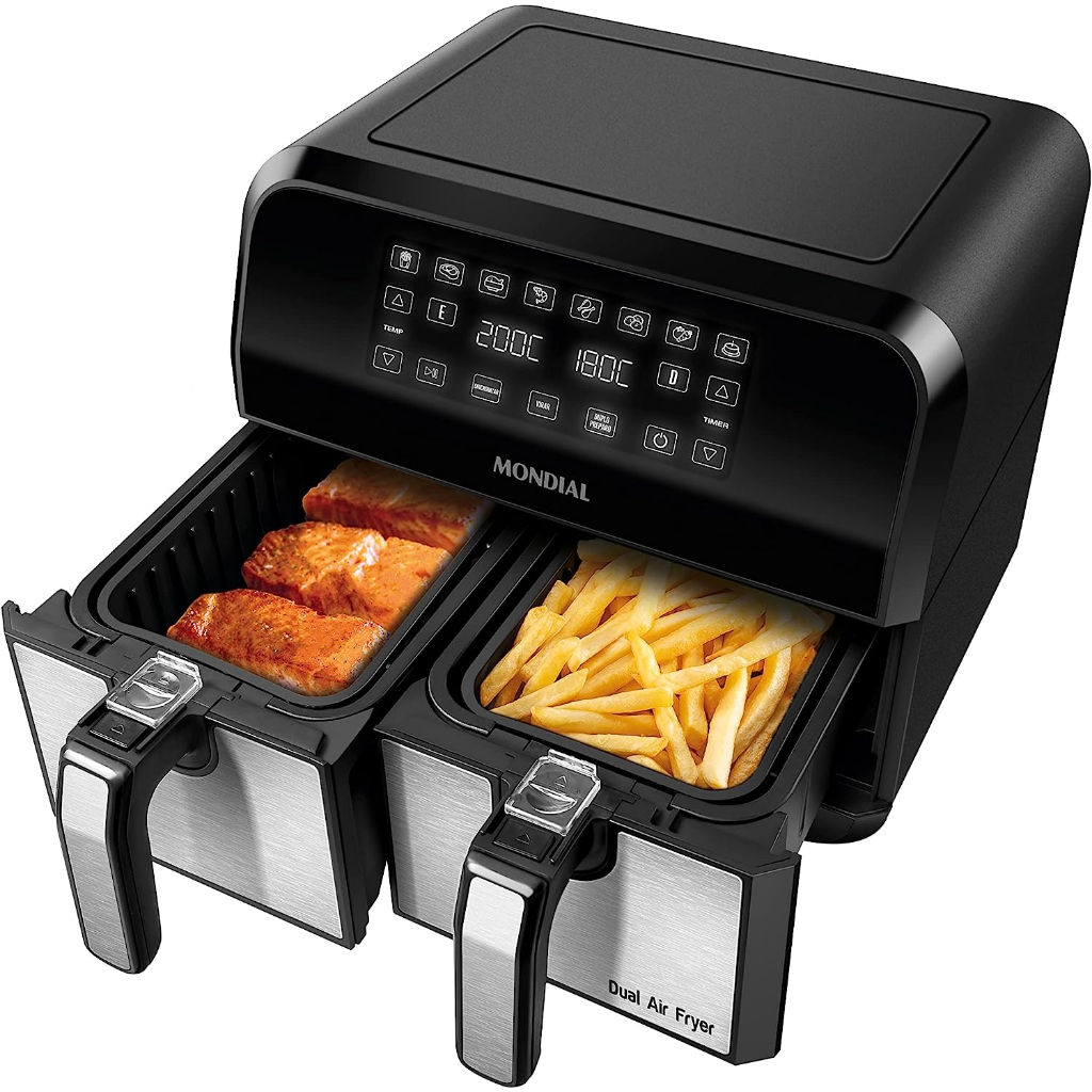 Fritadeira Elétrica Air Fryer Dual Duplo Cesto Mondial 8 Litros 2000W Painel Digital AFD-01-BI 11 Funções Pré-Programas Preto/Inox