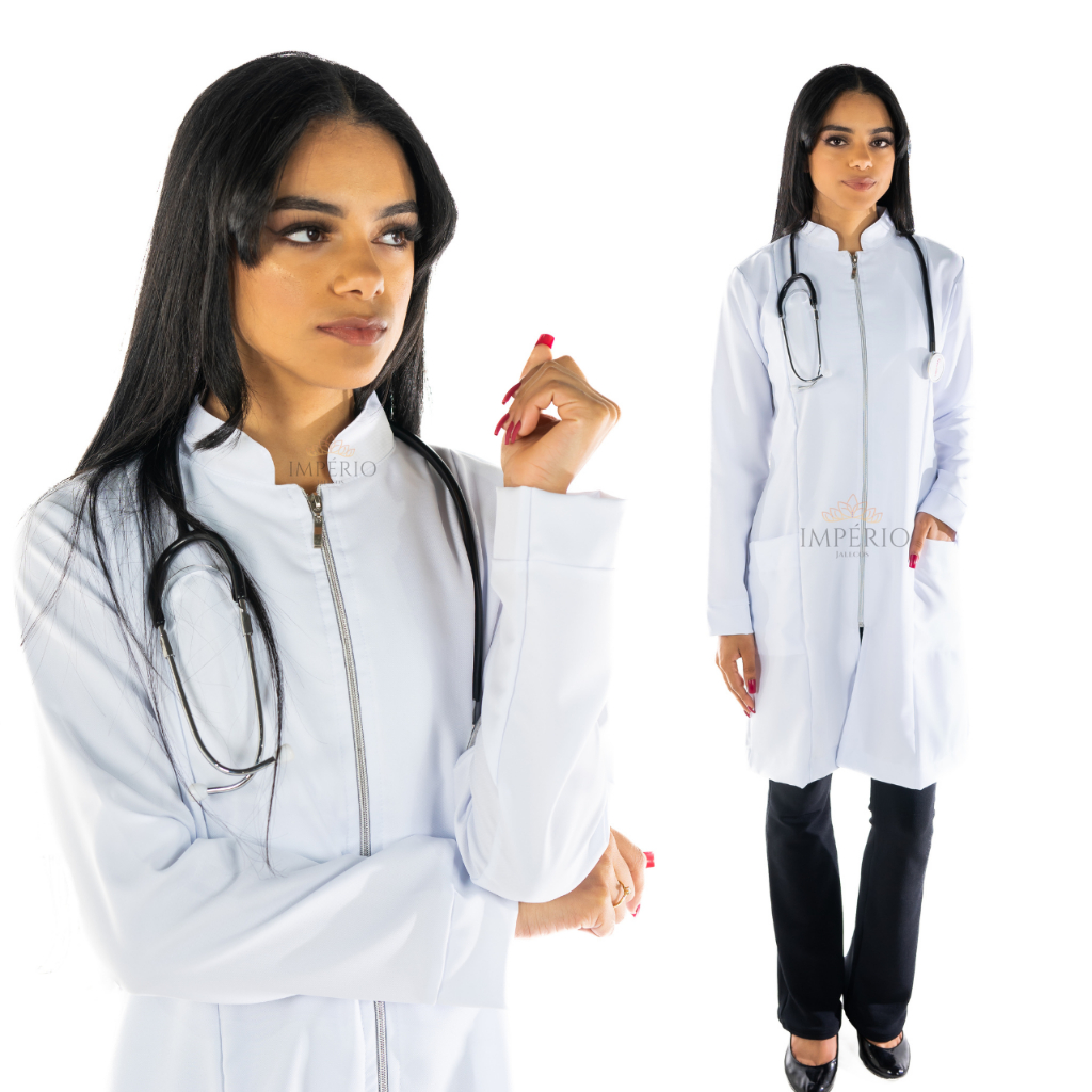 Jaleco Feminino Branco Gola Padre Zíper Kate