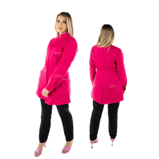 Jaleco Feminino Acinturado Ametista Rosa Pink com vivo branco no bolso