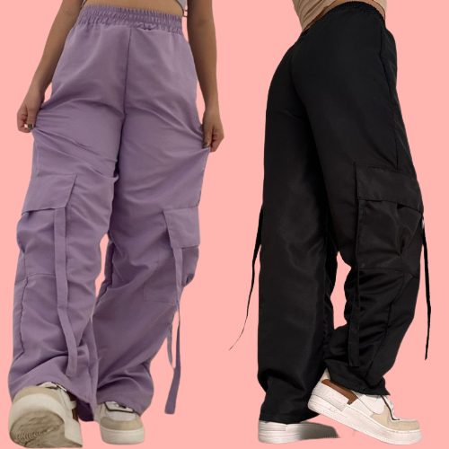 Calça Cargo Feminina Larga de Tactel Lilás ou Preta estilo gringa skatista