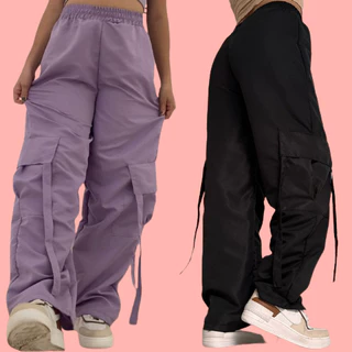 Calça Cargo Feminina Larga de Tactel Lilás ou Preta estilo gringa skatista