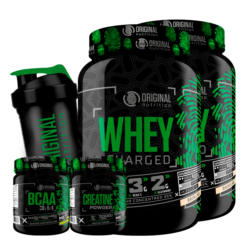 Kit 2x Suplemento em pó Whey Protein Charged Original + Bcaa + Creatina + Shaker - Original Nutrition Linha Premium hipertrofia