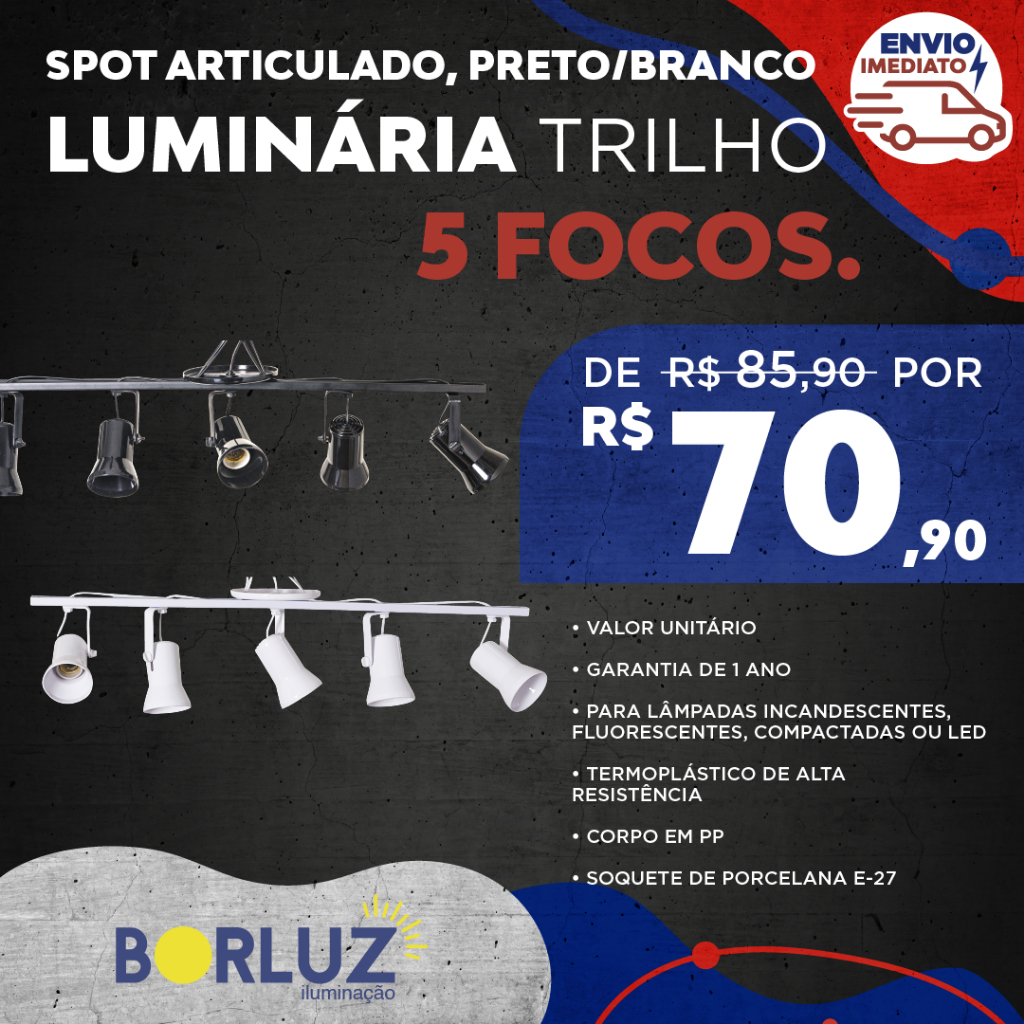 Luminária Spot Trilho Sino com 5 Focos Direcionáveis e ajustáveis 360° Para Lâmpadas Led Bulbo/Par20