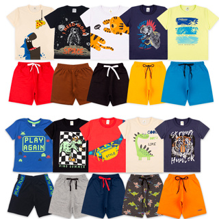 Kit Sortido 10 Peças de Roupas Infantil Menino- 5 Camisetas + 5 Bermudas - Promoção - Kit com 5 Conjuntos de Roupa Infantil Menino Verão Masculino Bebe Barato