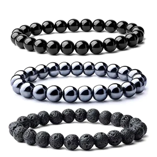 Kit 3 Pulseira Pedra Natural Hematita, Obsidiana E Vulcânica