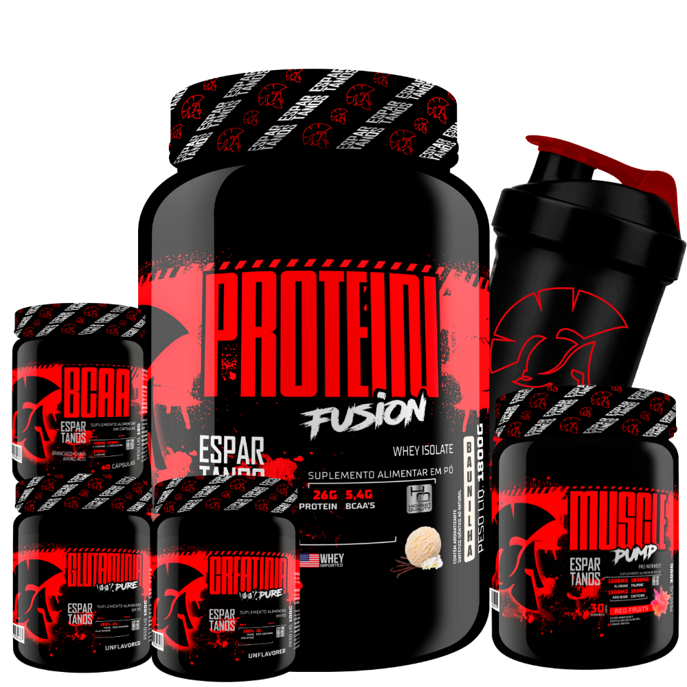 Kit Whey Protein Fusion 1,8 Kg + BCAA + Creatina + Glutamina + Pré Treino Frutas Vermelhas + Shaker