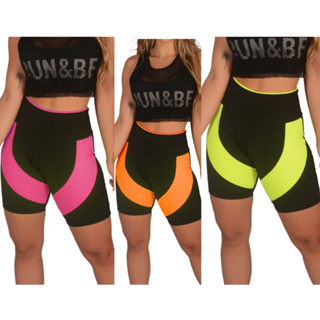 Kit 3 shorts fitness academia detalhe colorido na frente