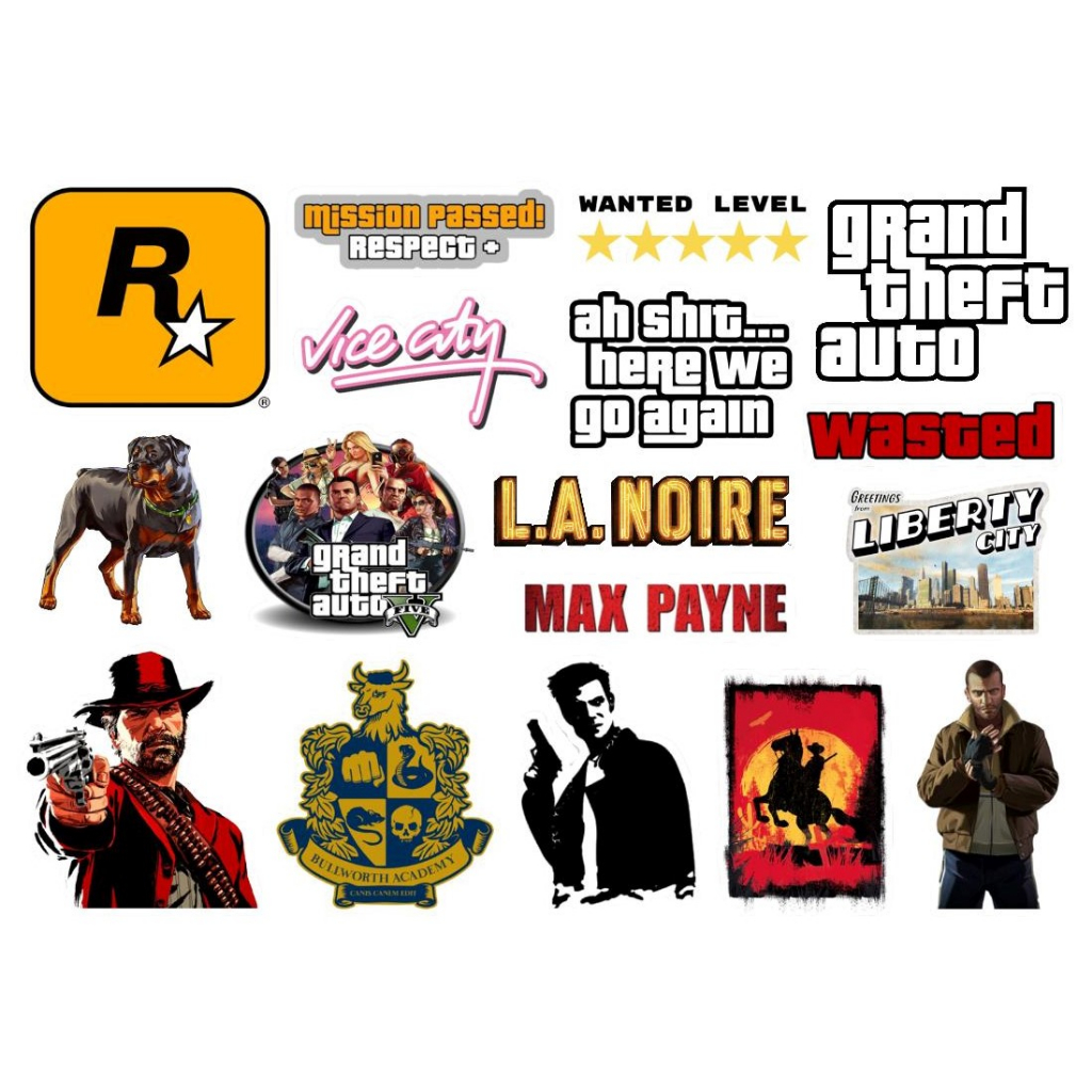 ROCKSTAR GAMES - CARTELA DE ADESIVOS - (com ou sem recorte!) grand theft auto, gta, la noire, max payne, red dead redemption, bully