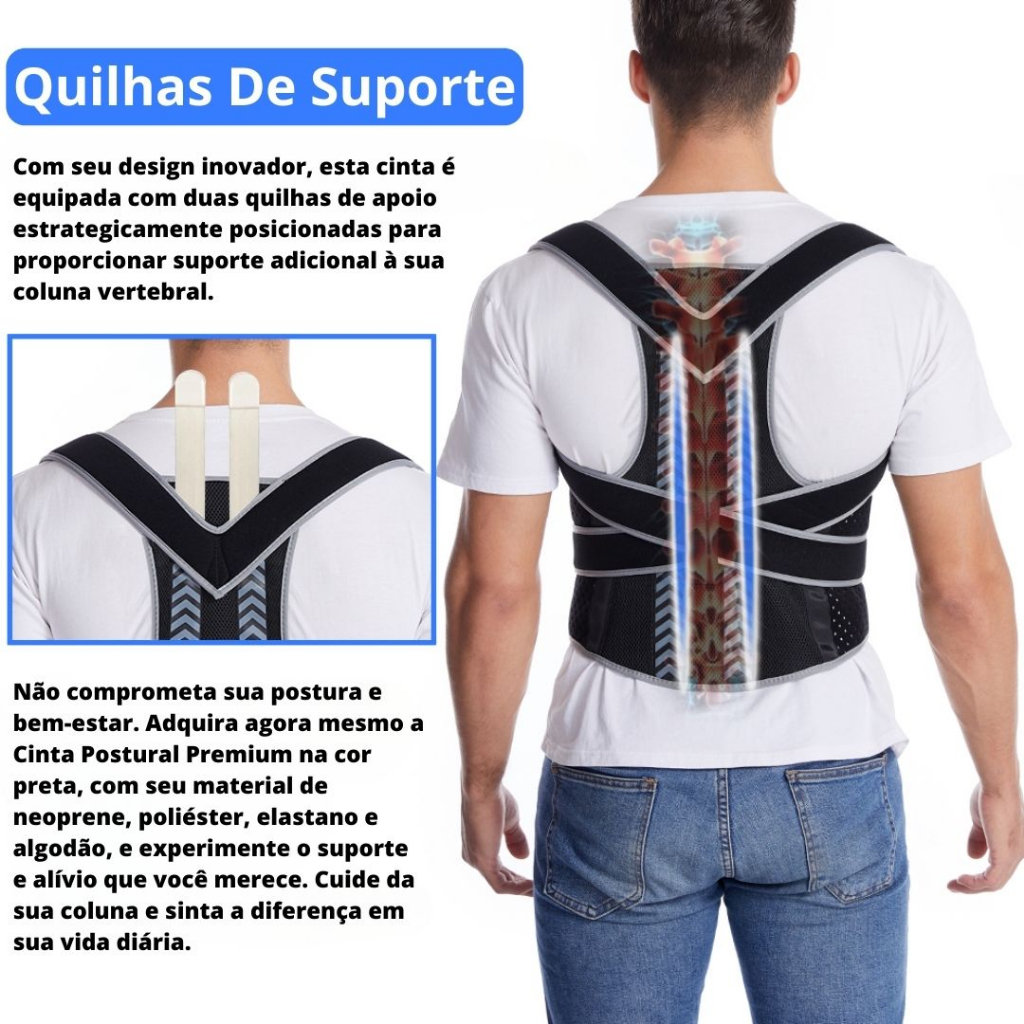Cinta Corretor Postural Top Premium Reforçada Ortopedica 2 Hastes Colete Coluna Lombar Postura Forte Qualidade Resistente Unissex Homens Mulheres