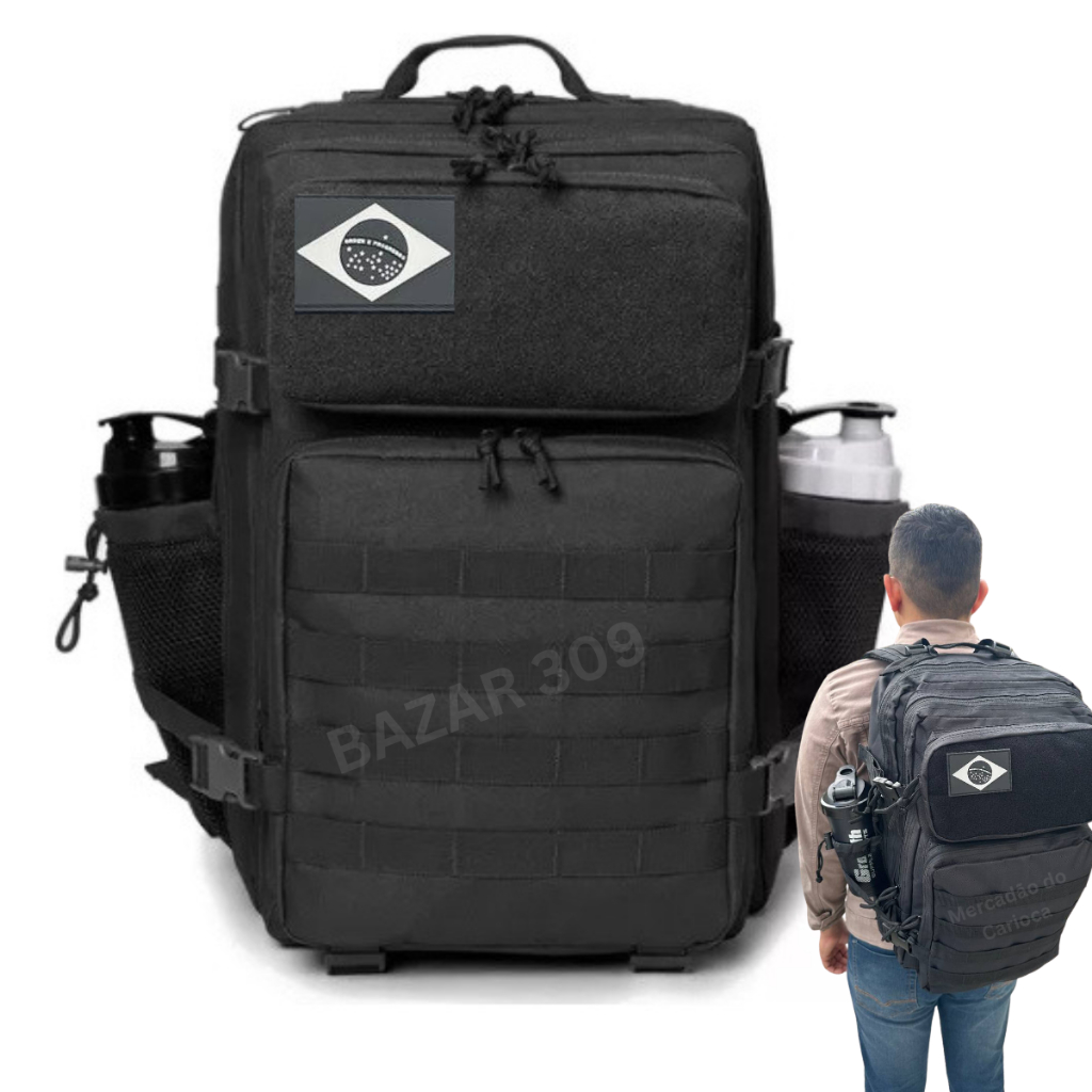 Mochila Tática Militar OXFORD 50 Litros com Bolso Lateral + Bandeira Brasil Preta