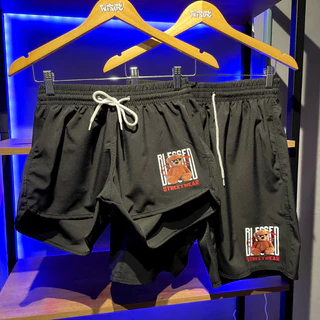 Kit Casal Moda Praia Teddy Urso Thug Life Combinando Mozão Shorts Masculino e Feminino Elastano
