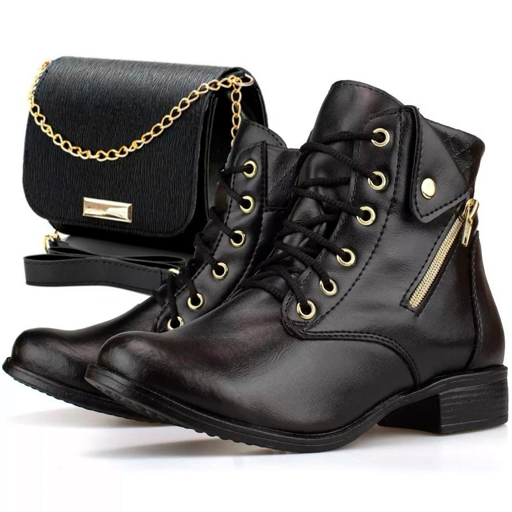 Kit Bota Coturno Feminino Amarrar Casual Cano Baixo Curto com Bolsa Tira Colo Promoção