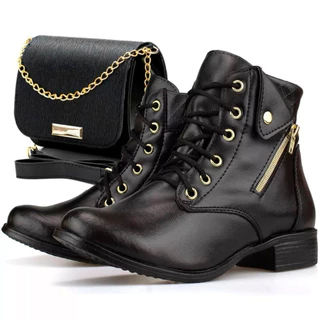 Kit Bota Coturno Feminino Amarrar Casual Cano Baixo Curto com Bolsa Tira Colo Promoção