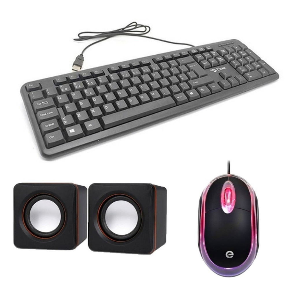 Kit Teclado Mouse Básico Com Fio Usb Caixa De Som Office