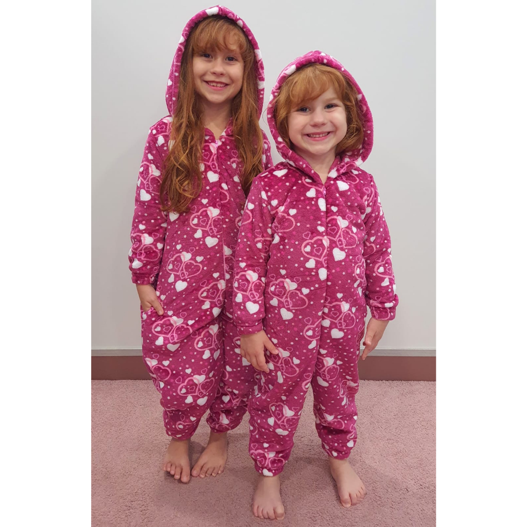 Macacão de Fleece Menina - Pijama Peluciado (manta de bebê) com Ziper, Capuz e Elástico no Punho, Coração Tamanhos 1 ao 3