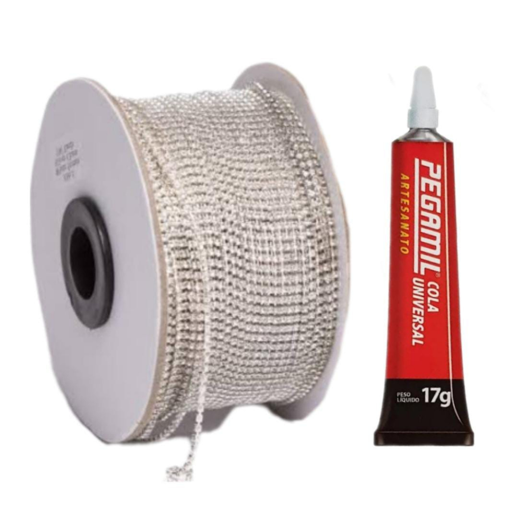 Corrente Strass 5mts+Cola Pegamil 17 grs Dourado e Prata