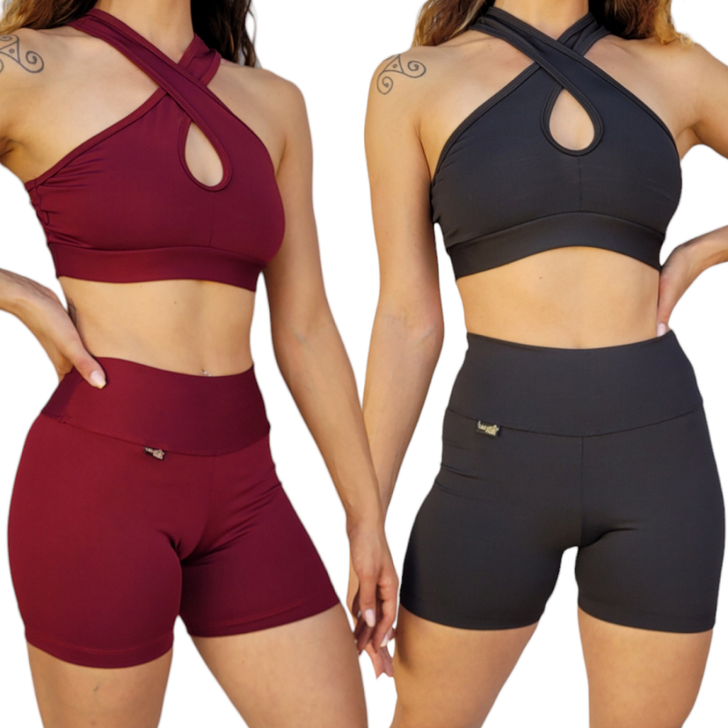Conjunto academia blusa cropped top short suplex cintura alta feminino  fitness