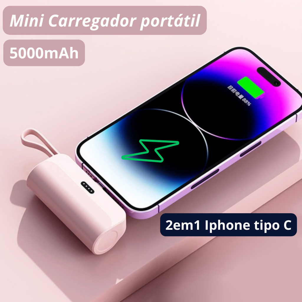 Mini Power Bank 5000mAh Bateria Auxiliar Sem Fio 2em1 Carregador Portátil para iPhone/Tipo-C