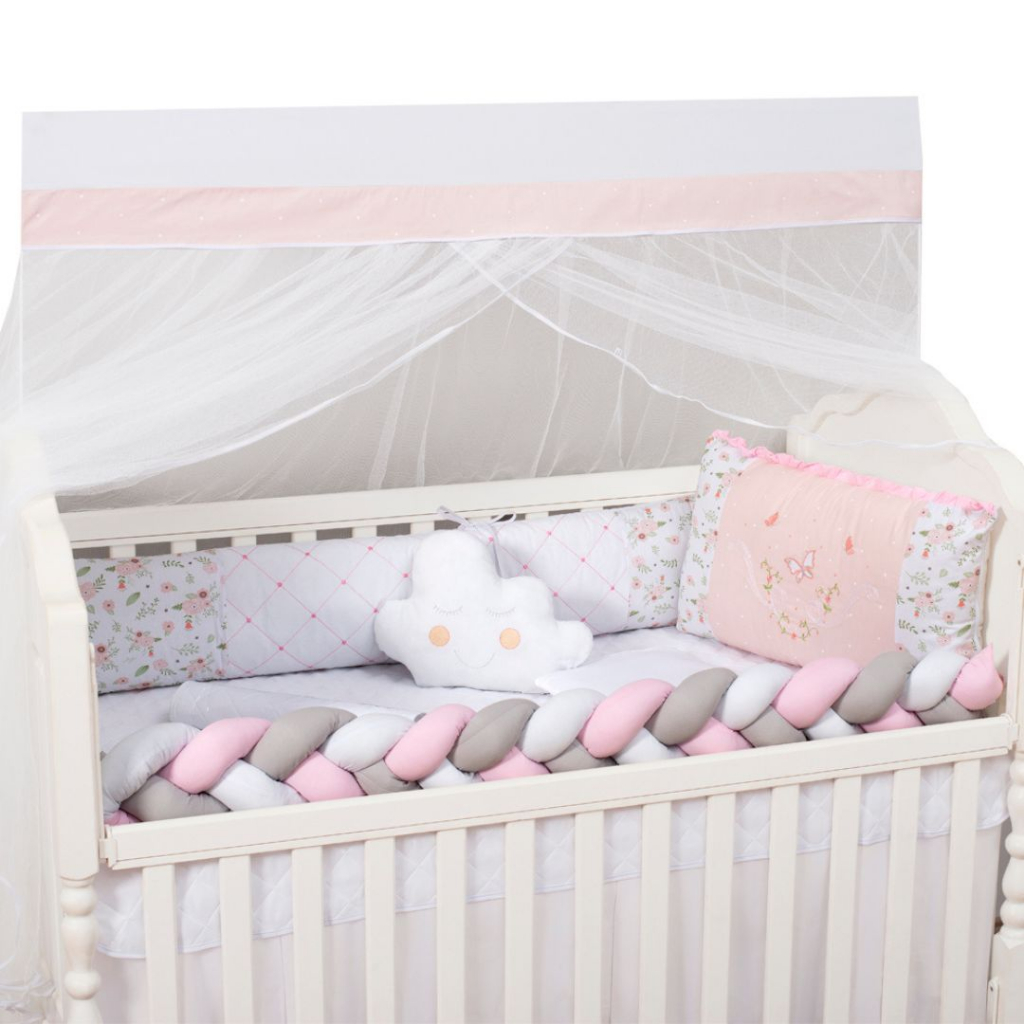 Kit de Berço americano 09 Peças Tranca Encanto Flores Rosa Menina protetor de berço enxoval de menina