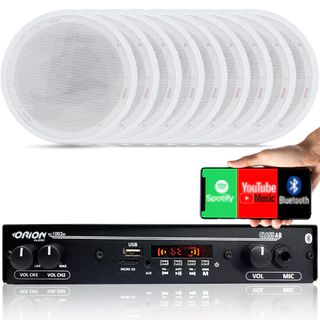 Kit Som Ambiente Amplificador Bluetooth Usb Sd Auxiliar Fm +8 Caixas de Embutir Arandelas Gesso Teto 6 Polegadas 55W 8 Ohms