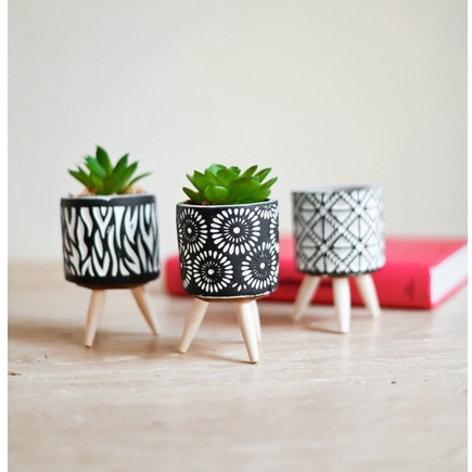 Trio Kit 3 Cachepot Vaso Cimento Tripe Madeira