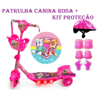 PATINETE INFANTIL PATRULHA CANINA ROSA OU AZUL SUPER REFORÇADO + KIT PROTEÇÃO COMPLETO