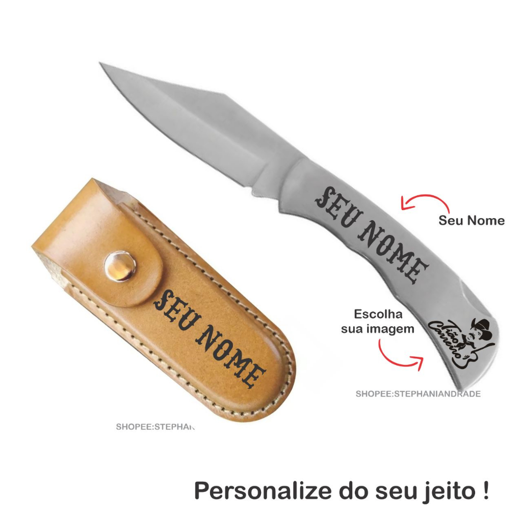 Canivete Inox Personalizado Com Bainha De Couro