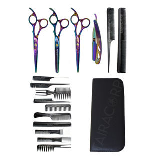 Kit 3 Tesouras Profissionais Navalha Cabeleireiro Barbeiro Furta Cor + 10 Pentes Preto Anatómica