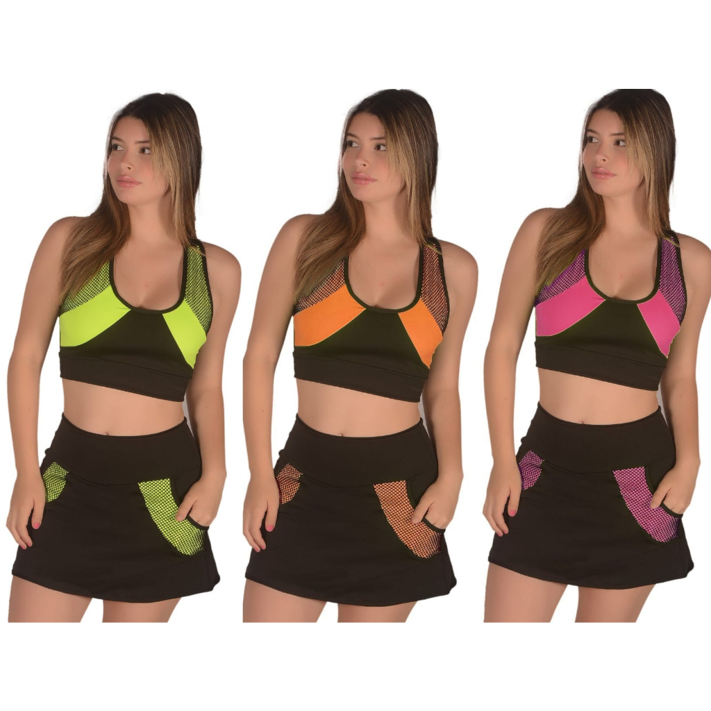 kit 3 short saia academia fitness bolso na lateral