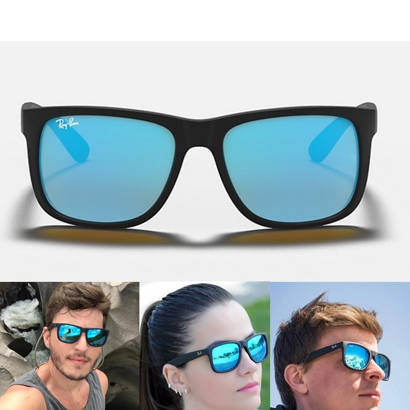 Óculos de Sol Justin Preto Azul Espelhado Quadrado Armação em Acetato Lentes Polarizadas e Cristal com Proteção UV Unissex