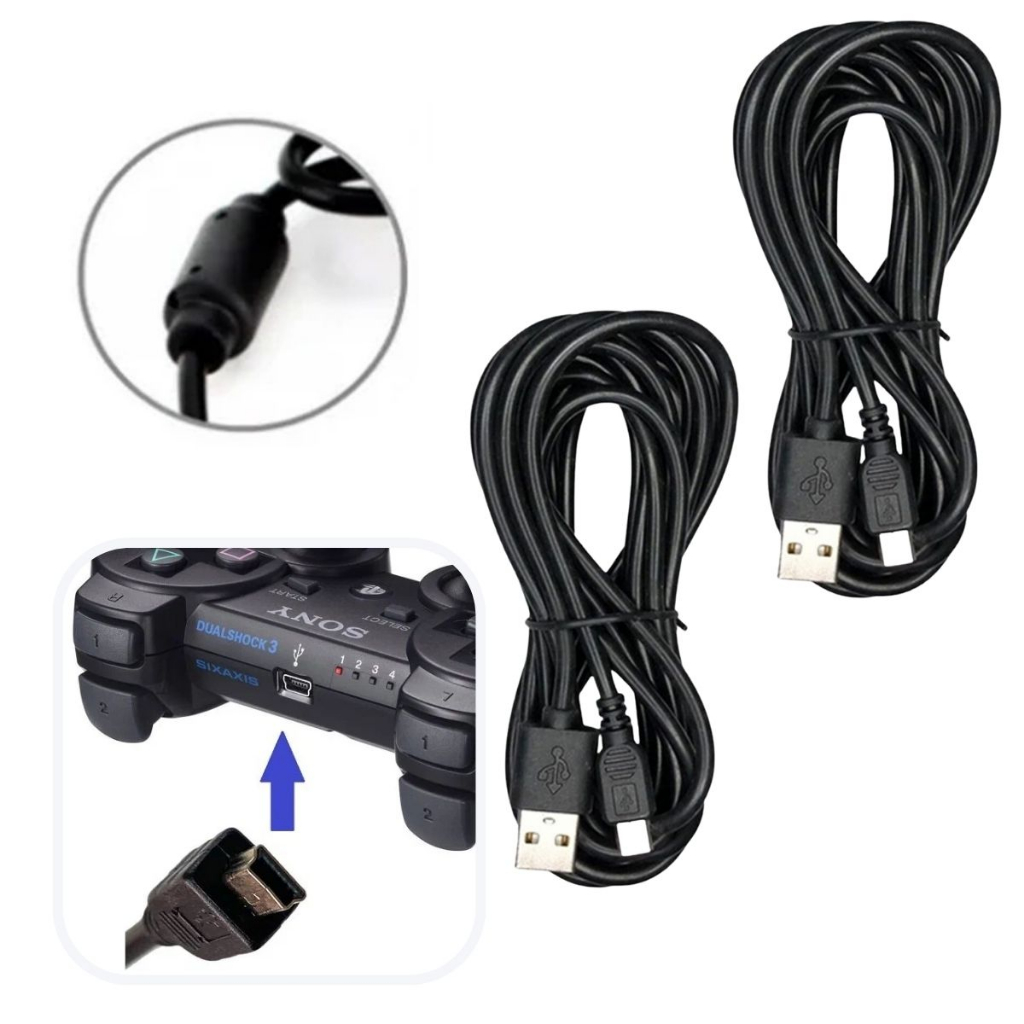Kit 2x Cabo Controle Ps3 V3 Usb 3 METROS Grande Turbo Reforçado Carrega e Joga