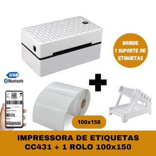 Impressora De Etiqueta Térmica Tipo Zebra CC431 Bluetooth Usb + 1 Rolo 100x150 + 1 Suporte de Etiqueta