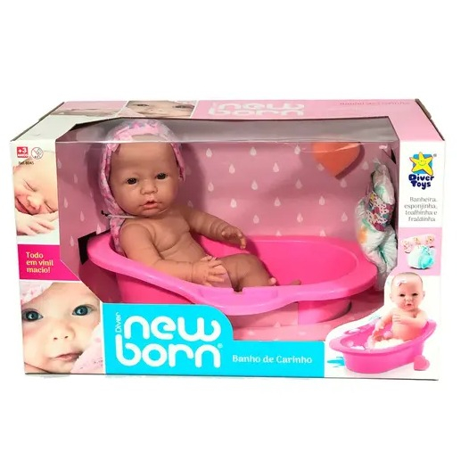 Boneca Bebê Reborn Banho de Carinho Banheira e Acessórios - Diver Toys