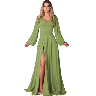 Vestido Longo Com Fenda, Manga Bufante Em Malha Fria OX017