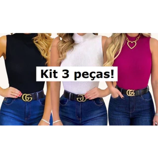 Kit C/ 3 Blusinha Feminina Garrafinha Tricot Gola Alta Canelado
