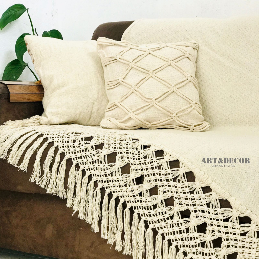 Manta para Sofá Xale Decorativa Macramê Cru Chique