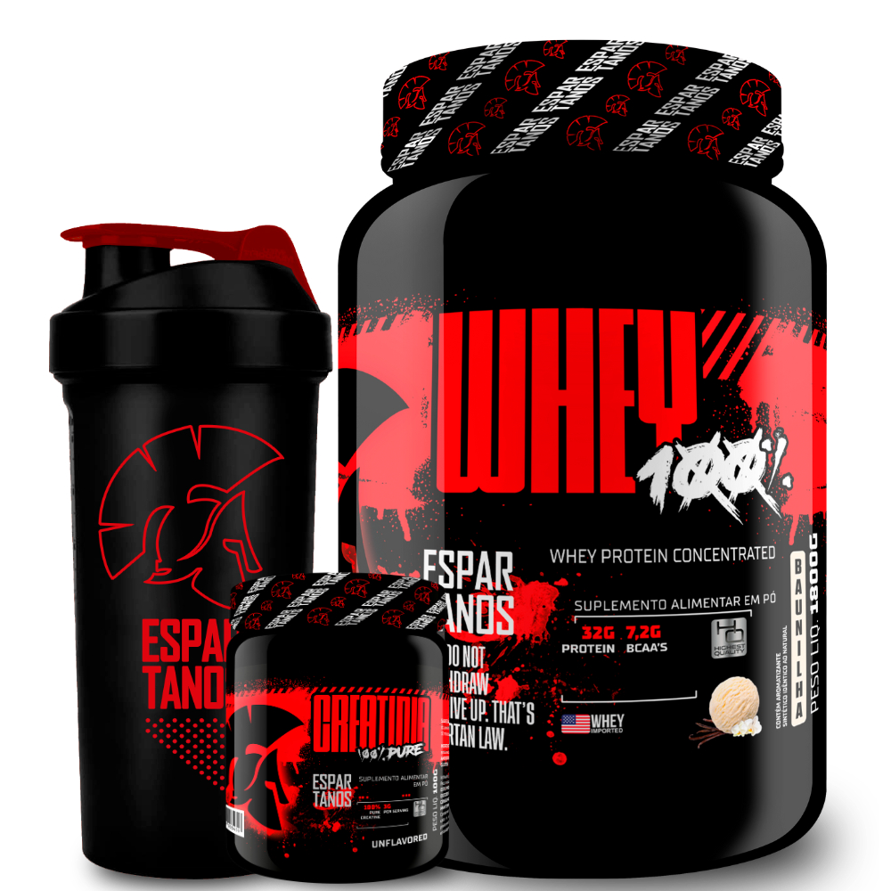 Kit Whey Protein Concentrado 100% 1800g + Creatina 100g + Coqueteleira - Espartanos