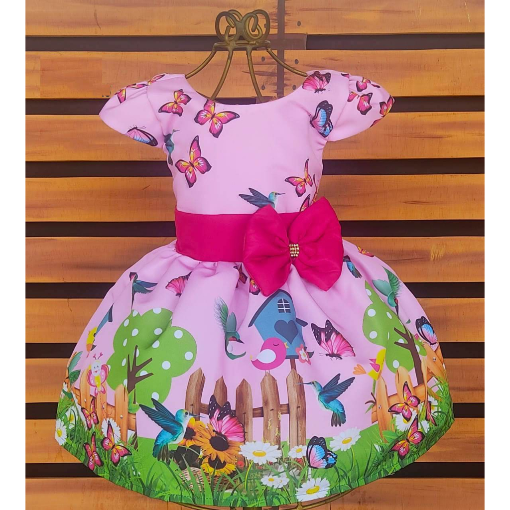 Vestido Luxo Temático Infantil Festa Jardim Borboletas jardim