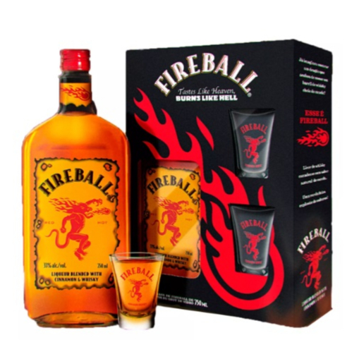 Kit Whisky Fireball Canela 750ml + 2 Copos Shot Exclusivos