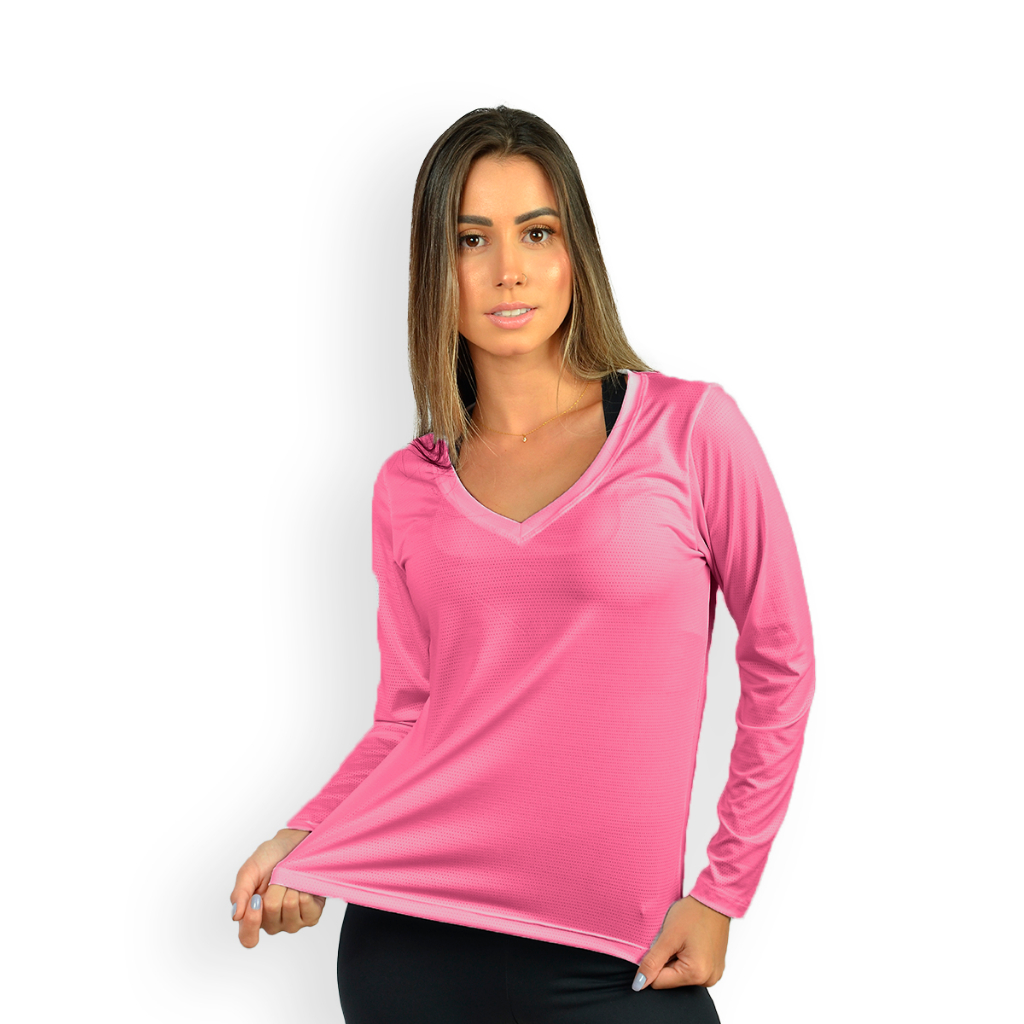 Camiseta Manga Longa Dry Fit Com Microfuros Fitness Feminina UV 50+